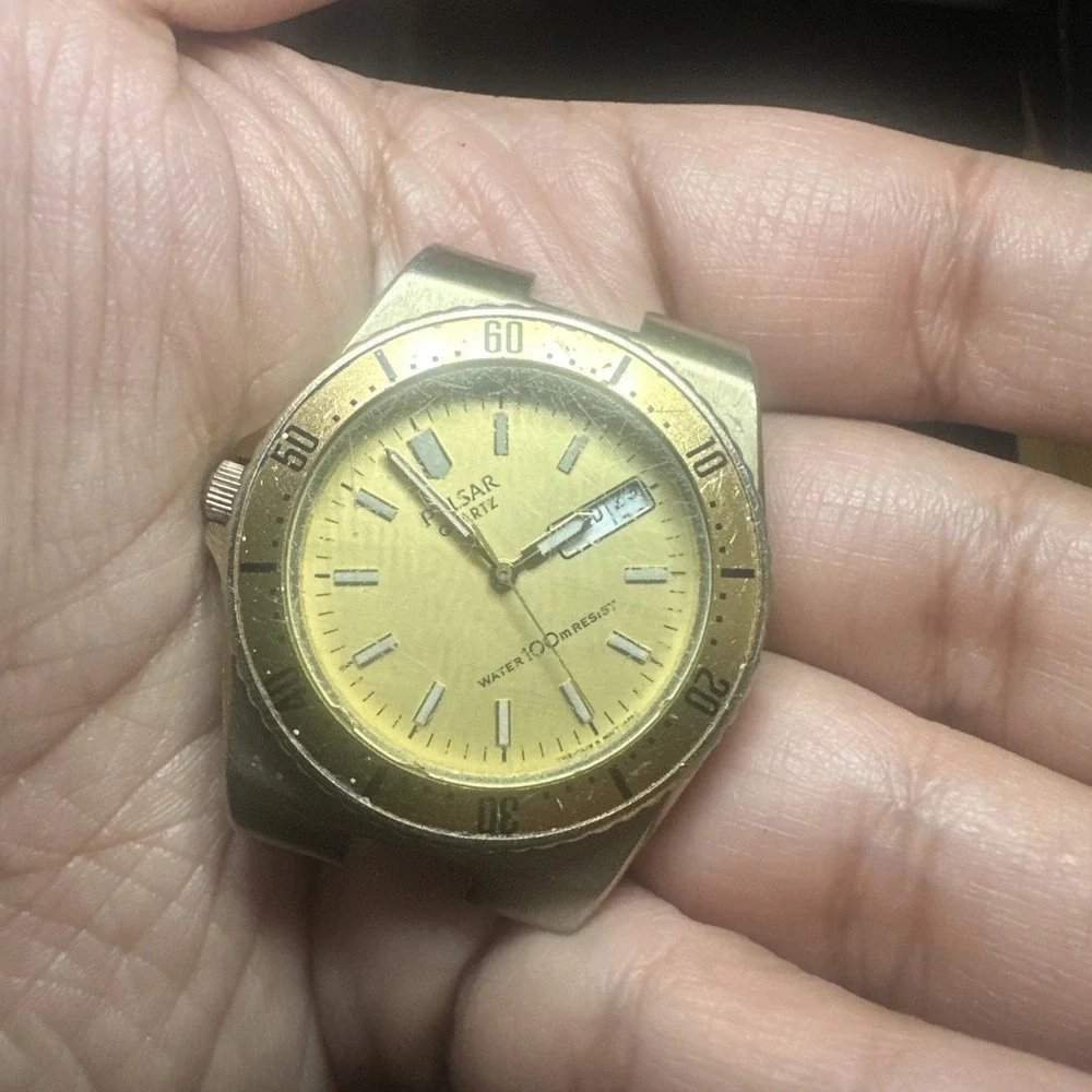 Works VTG Pulsar Divers Mens Watch & Rotating Bezel Quartz 38mm Gold Tone REPAIR